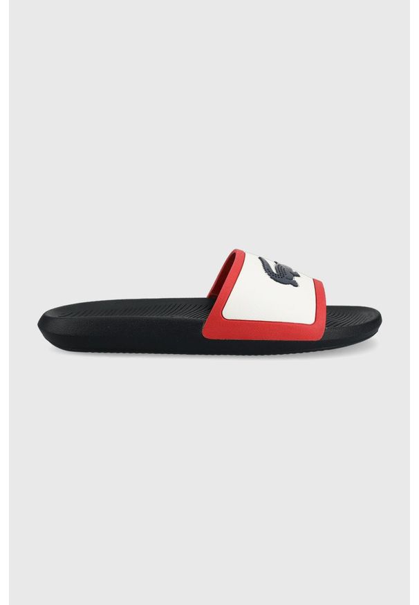 Lacoste klapki CROCO SLIDE TRI 2 męskie kolor granatowy. Kolor: niebieski. Materiał: materiał, guma. Obcas: na obcasie. Wysokość obcasa: niski
