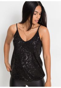 bonprix - Top na wąskich ramiączkach, z cekinami, z miękkiego materiału z wiskozą. Kolor: czarny. Materiał: jersey, materiał, wiskoza. Długość rękawa: na ramiączkach #1