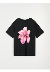 Sinsay - Bawełniana koszulka z nadrukiem kwiatowym - czarny. Kolor: czarny. Materiał: bawełna. Wzór: nadruk, kwiaty #1