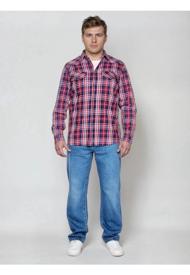 Big-Star - Koszula męska bawełniana w kratę czerwono-granatowa Retinezi 603. Kolor: czerwony. Materiał: bawełna. Wzór: ze splotem, kratka, kolorowy. Styl: elegancki