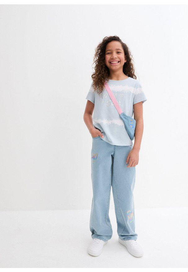 bonprix - T-shirt z dłuższym tyłem z czystej bawełny organicznej. Kolor: niebieski. Materiał: bawełna. Długość: długie. Wzór: nadruk