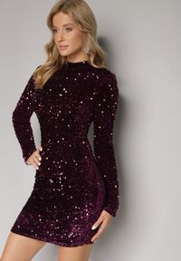 Born2be - Fioletowa Dopasowana Sukienka Mini z Półgolfem Zdobiona Cekinami Jurottja. Kolor: fioletowy. Długość rękawa: długi rękaw. Wzór: aplikacja. Typ sukienki: proste. Długość: mini #4