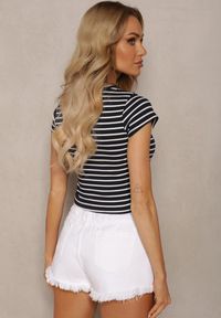 Renee - Granatowy Prążkowany T-shirt z Bawełny o Krótkim Kroju Zolira. Okazja: na co dzień. Kolor: niebieski. Materiał: bawełna, prążkowany. Długość: krótkie. Styl: klasyczny, wizytowy, casual