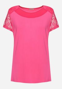 Born2be - Różowa Koszulka T-shirt z Wiskozy z Krótkim Rękawem i Koronką Relliara. Kolor: różowy. Materiał: wiskoza, koronka. Długość rękawa: krótki rękaw. Długość: krótkie. Wzór: koronka. Sezon: lato #2