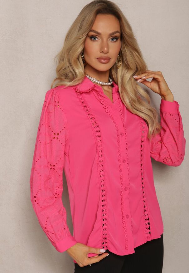 Renee - Fuksjowa Koszula w Stylu Boho z Ozdobnym Haftem Anvia. Kolor: różowy. Wzór: haft. Styl: boho
