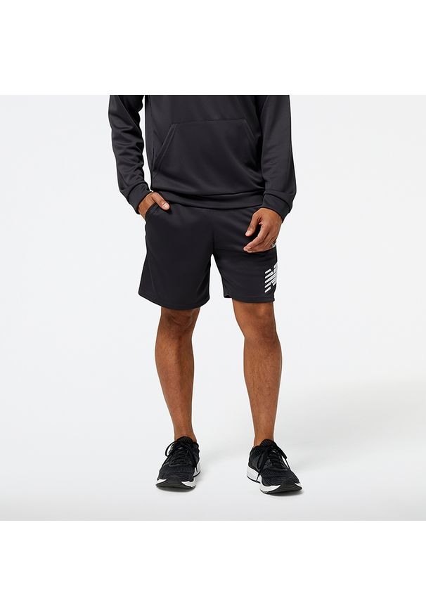 Spodenki męskie New Balance MS31127PHM – czarne. Kolor: czarny. Materiał: poliester, materiał. Sport: piłka nożna, fitness