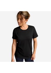 Decathlon - Koszulka fitness damska krótki rękaw. Kolor: czarny. Materiał: poliester, bawełna, materiał. Długość rękawa: krótki rękaw. Długość: krótkie. Sport: fitness #1