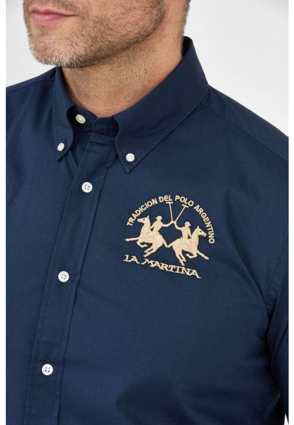 La Martina - LA MARTINA Granatowa koszula męska poplin stretch, Rozmiar XXL. Kolor: niebieski. Wzór: haft