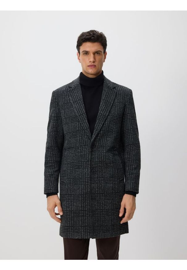 Reserved - Długi płaszcz w kratę - ciemnoszary. Kolor: szary. Materiał: dzianina. Długość: długie