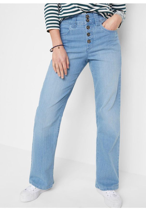 bonprix - Dżinsy ze stretchem z wysokim stanem, straight. Stan: podwyższony. Kolor: niebieski