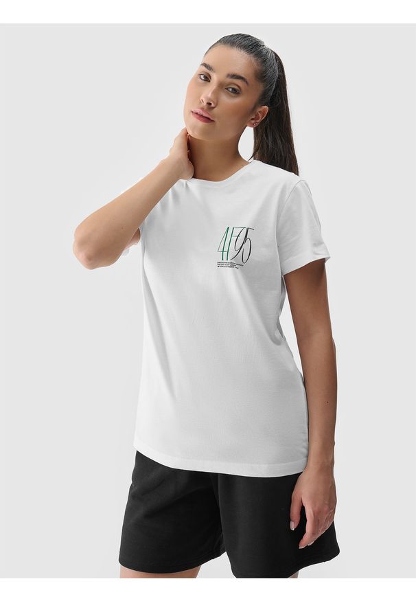 4f - T-shirt slim z nadrukiem damski - biały. Okazja: na co dzień. Kolor: biały. Materiał: bawełna, dzianina, jersey. Wzór: nadruk. Styl: casual, klasyczny, sportowy