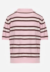 Born2be - Różowy T-shirt Typu Polo z Wiskozą Ozdobiony Guzikami i Paskami Esefia. Okazja: na co dzień. Typ kołnierza: polo. Kolor: różowy. Materiał: wiskoza. Wzór: aplikacja. Styl: casual #4