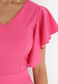 Born2be - Fuksjowa Rozkloszowana Sukienka Zdobiona Falbanami Emilienne. Okazja: na randkę, na spacer. Kolor: różowy. Materiał: jeans, tkanina. Wzór: aplikacja, gładki, jednolity. Typ sukienki: rozkloszowane. Styl: wizytowy, klasyczny, elegancki. Długość: maxi #5