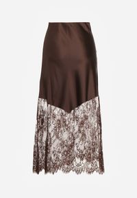 Renee - Brązowa Koktajlowa Spódnica z Satyny z Koronką Avelori. Kolor: brązowy. Materiał: satyna, koronka. Wzór: koronka. Styl: wizytowy #6