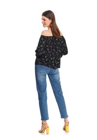 TOP SECRET - Printowana bluzka damska z bufiastymi rękawami. Okazja: na imprezę. Kolor: czarny. Materiał: jeans, wiskoza. Wzór: kwiaty, gładki, nadruk. Sezon: jesień. Styl: klasyczny, elegancki