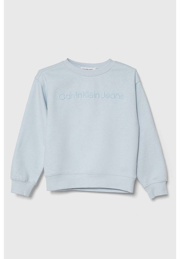 Calvin Klein Jeans bluza dziecięca kolor niebieski z aplikacją. Kolor: niebieski. Materiał: bawełna, prążkowany. Wzór: aplikacja