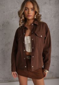 Renee - Brązowa Jeansowa Kurtka Koszulowa z Bawełny z Kieszeniami Desreta. Kolor: brązowy. Materiał: jeans, bawełna #7