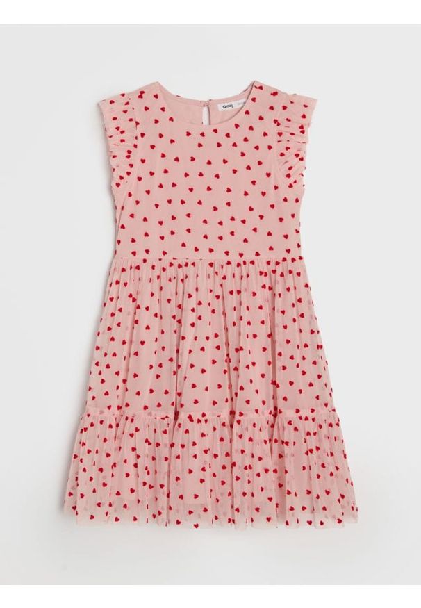 Sinsay - Tiulowa sukienka mini z ozdobnymi falbankami - różowy. Typ kołnierza: kołnierz z falbankami. Kolor: różowy. Materiał: tiul. Długość: mini