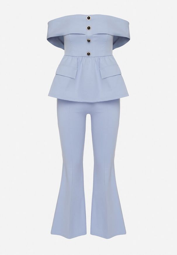 Born2be - Niebieski Komplet Garniturowy Bluzka Hiszpanka z Guzikami i Spodnie Dzwony Yaskio. Kolor: niebieski. Materiał: materiał. Wzór: aplikacja