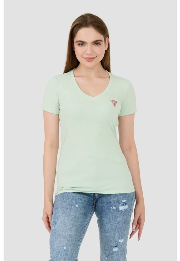 Guess - GUESS Miętowy damski t-shirt Mini Triangle Tee, Rozmiar M. Kolor: zielony