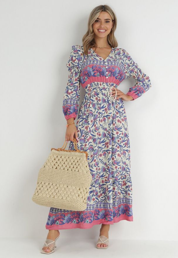 Born2be - Beżowo-Niebieska Sukienka Boho z Wiskozy Lohine. Kolor: beżowy. Materiał: wiskoza. Długość rękawa: długi rękaw. Wzór: aplikacja, kwiaty. Styl: boho. Długość: maxi