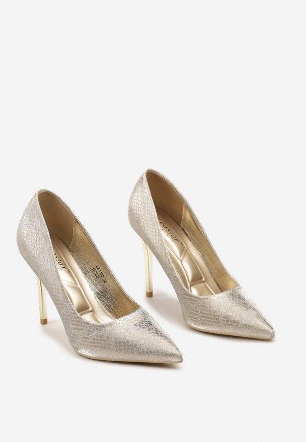Renee - Złote Eleganckie Szpilki w Klasycznym Stylu Calivia. Nosek buta: otwarty. Kolor: złoty. Materiał: materiał. Obcas: na szpilce. Styl: klasyczny, elegancki. Wysokość obcasa: średni