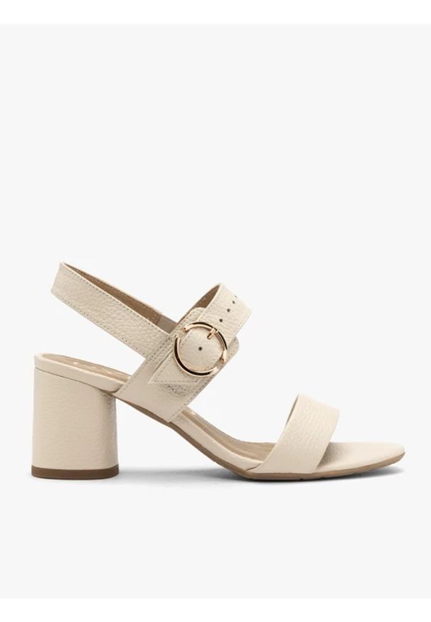 Ryłko - Kremowe sandały damskie. Zapięcie: klamry. Kolor: beżowy. Materiał: skóra. Sezon: lato. Obcas: na obcasie. Styl: street. Wysokość obcasa: średni
