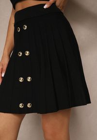 Renee - Czarna Spódnica Plisowana z Wiskozą High Waist i Guzikami Natolira. Okazja: na co dzień. Stan: podwyższony. Kolor: czarny. Materiał: wiskoza. Styl: elegancki, casual #5