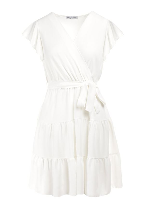 Born2be - Biała Sukienka z Paskiem Laodima. Kolor: biały. Materiał: materiał. Typ sukienki: kopertowe. Długość: mini