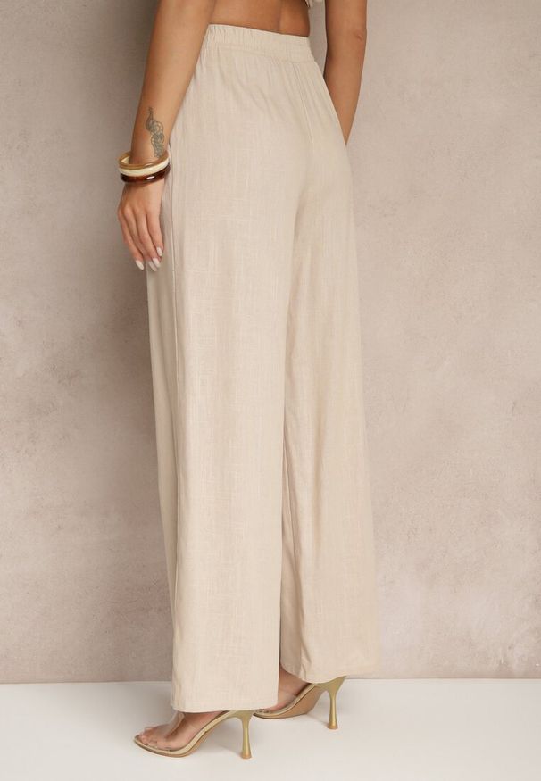 Renee - Jasnobeżowe Spodnie z Lnem o Szerokim Kroju z Gumką w Talii Filarive. Okazja: na co dzień. Kolor: beżowy. Materiał: len. Sezon: wiosna, lato. Styl: elegancki, casual