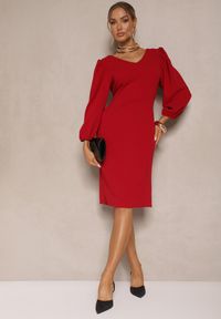 Renee - Bordowa Sukienka o Dopasowanym Kroju z Lekko Bufiastymi Rękawami Zinnashira. Kolor: czerwony. Wzór: aplikacja. Sezon: lato, wiosna. Styl: klasyczny, elegancki #5