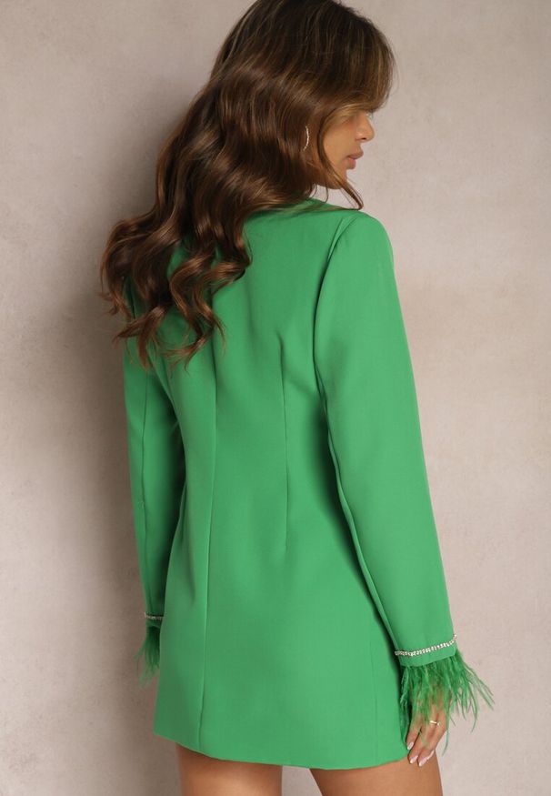 Renee - Zielona Taliowana Sukienka Mini Marynarka z Piórkami i Cyrkoniami Cammano. Kolor: zielony. Długość rękawa: długi rękaw. Długość: mini