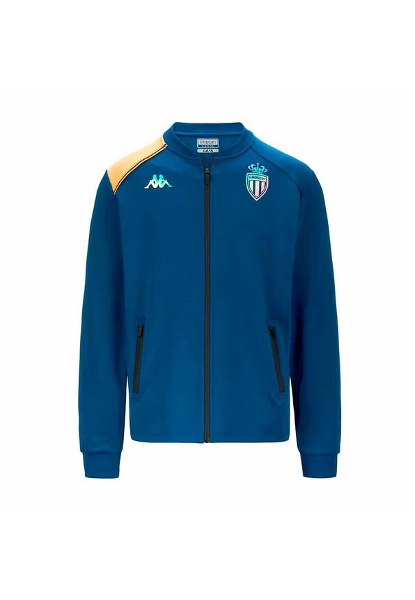 Kappa - Bluza dresowa AS Monaco Atriso 2023/24. Kolor: niebieski, wielokolorowy, pomarańczowy, żółty. Materiał: dresówka. Sport: piłka nożna