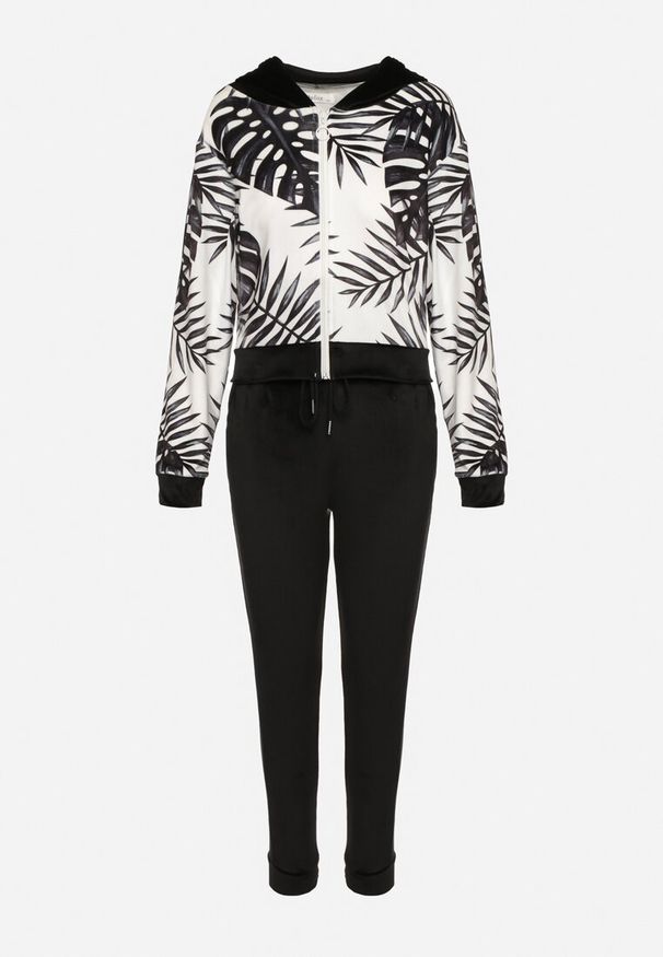 Born2be - Czarny Komplet Dresowy z Weluru Bluza z Kapturem z Ozdobnym Wzorem i Spodnie Grouvia. Kolor: czarny. Materiał: welur, dresówka