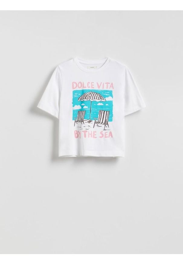 Reserved - Bawełniany t-shirt z nadrukiem - złamana biel. Materiał: bawełna. Wzór: nadruk