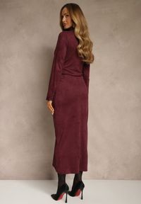 Renee - Bordowa Marszczona Sukienka z Imitacji Zamszu o Koszulowym Kroju Esora. Okazja: na randkę. Typ kołnierza: dekolt w serek. Kolor: czerwony. Materiał: zamsz. Typ sukienki: koszulowe #4