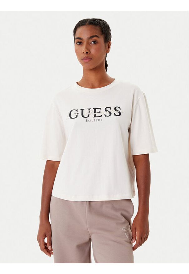 Guess T-Shirt V5YI02 I3Z14 Beżowy Boxy Fit. Kolor: beżowy. Materiał: bawełna
