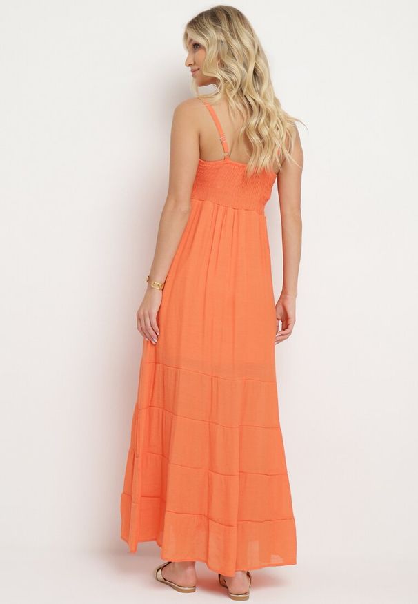 Born2be - Pomarańczowa Sukienka z Bawełną na Regulowanych Ramiączkach z Elastyczną Gumką na Plecach Tinathias. Okazja: na co dzień, na spacer. Kolor: pomarańczowy. Materiał: bawełna. Długość rękawa: na ramiączkach. Sezon: lato. Typ sukienki: proste. Styl: klasyczny, casual