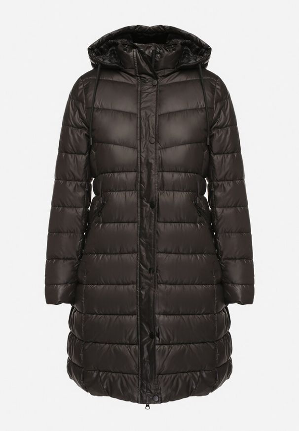 Born2be - Czarna Kurtka Pikowana o Długim Kroju z Kapturem i Dwustronnym Suwakiem Sanasira. Okazja: na co dzień. Typ kołnierza: kaptur. Kolor: czarny. Materiał: jeans. Długość: długie. Styl: elegancki, casual