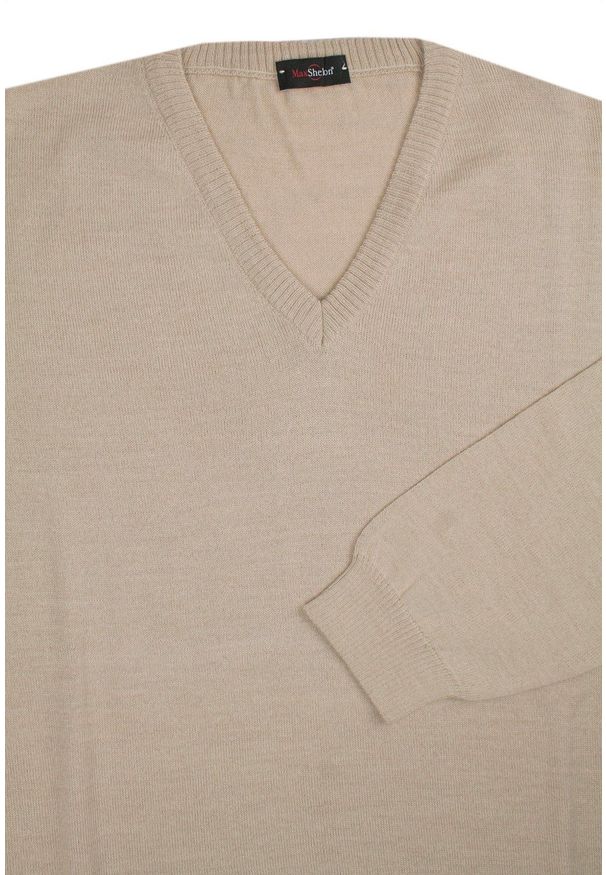 Męski Sweter Wełniany (V-neck) - Max Sheldon - Jasny Beż. Kolor: wielokolorowy, beżowy, brązowy. Materiał: akryl, wełna. Sezon: zima, jesień. Styl: klasyczny