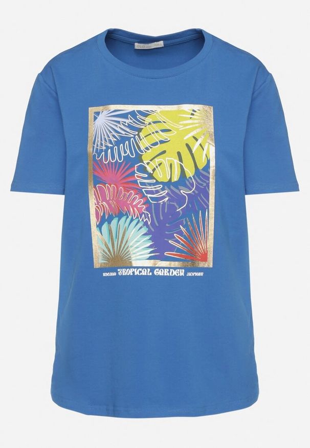 Born2be - Niebieski Klasyczny Bawełniany T-shirt z Wakacyjnym Nadrukiem Zaronea. Okazja: na co dzień, na spotkanie biznesowe. Kolor: niebieski. Materiał: bawełna. Wzór: nadruk. Sezon: lato. Styl: wakacyjny, klasyczny