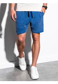 Ombre Clothing - Krótkie spodenki męskie dresowe W223 - niebieskie - L. Kolor: niebieski. Materiał: dresówka. Długość: krótkie. Wzór: aplikacja. Styl: klasyczny