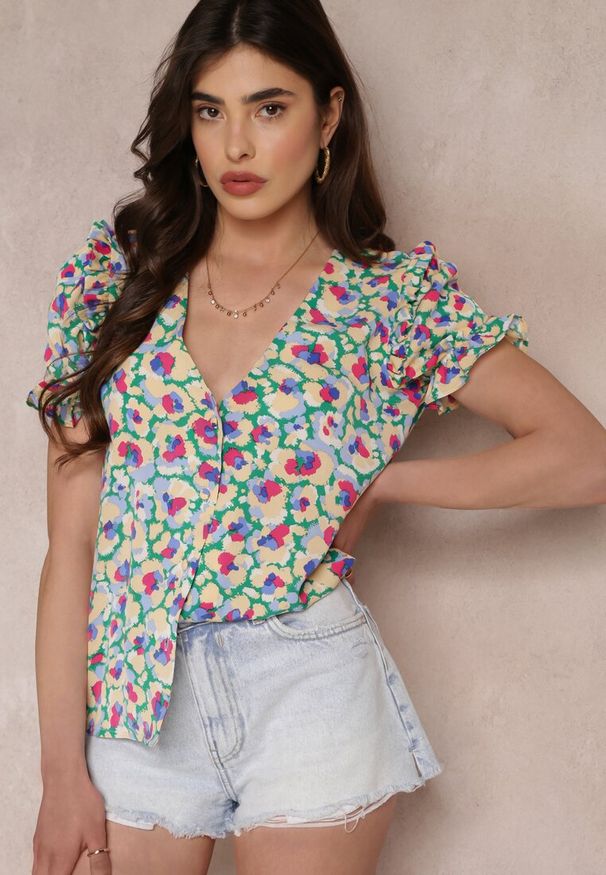 Renee - Żółto-Zielona Koszula z Krótkimi Rękawami z Falbanką Vanilisa. Kolor: żółty. Materiał: tkanina, jeans. Długość rękawa: krótki rękaw. Długość: krótkie