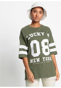 bonprix - Shirt oversize z czystej bawełny organicznej. Kolor: zielony. Materiał: bawełna. Wzór: nadruk #1