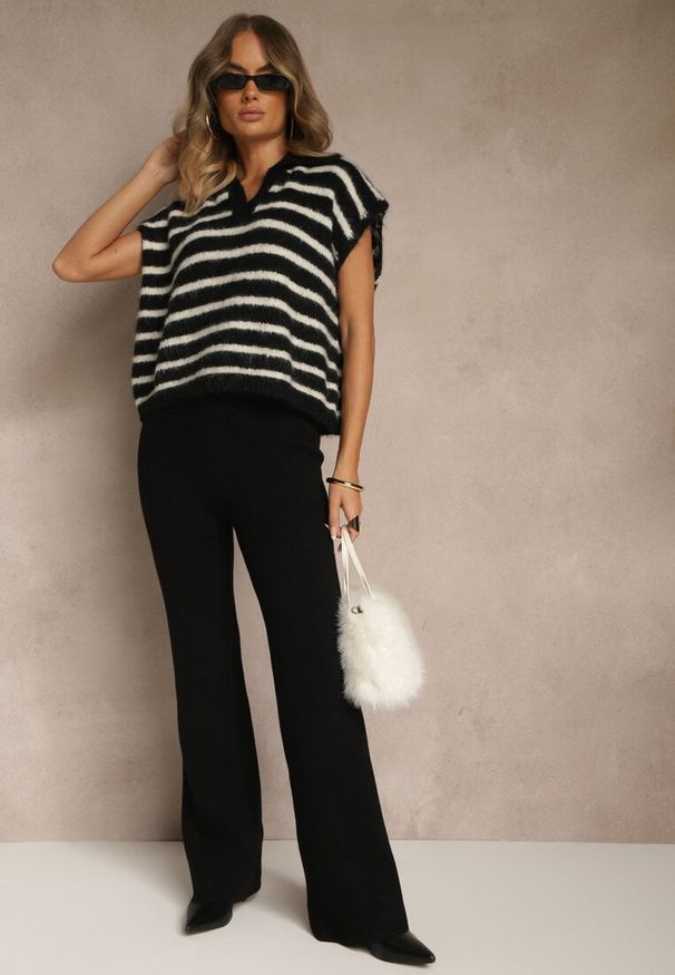 Renee - Czarne Dzianinowe Spodnie Wide Leg z Ociepleniem Miosea. Okazja: na co dzień, do domu, na spacer. Kolor: czarny. Materiał: dzianina. Styl: casual, elegancki