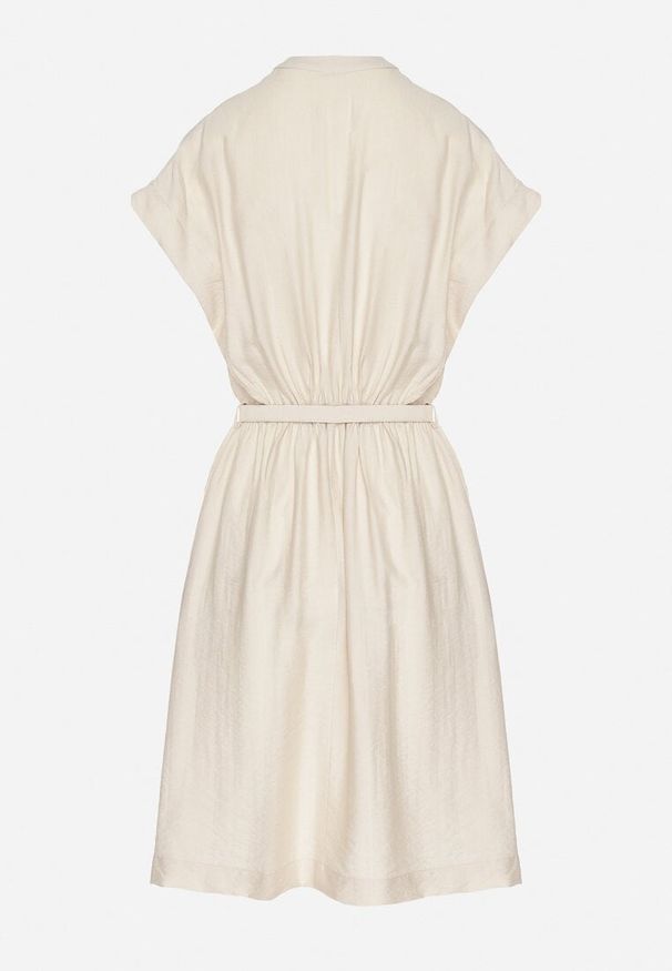 Born2be - Beżowa Sukienka z Wiskozy o Rozkloszowanym Kroju z Paskiem Sepina. Okazja: na co dzień. Typ kołnierza: dekolt w serek. Kolor: beżowy. Materiał: wiskoza. Długość rękawa: krótki rękaw. Wzór: aplikacja. Sezon: lato. Styl: casual, elegancki, klasyczny