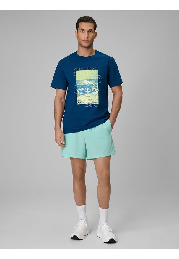 4f - 4F T-shirt regular z nadrukiem męski - turkusowy XL. Okazja: na co dzień. Kolor: turkusowy. Materiał: jeans, bawełna, dresówka, dzianina. Wzór: nadruk. Styl: klasyczny, casual