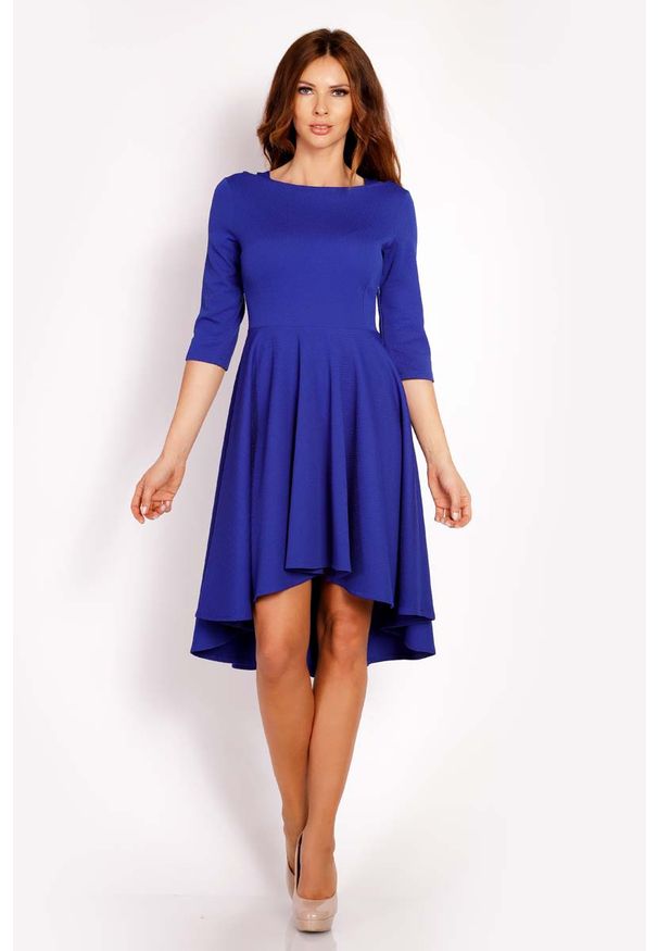 Lou-Lou - Niebieska Sukienka z Szerokim Asymetrycznym Dołem. Kolor: niebieski. Materiał: elastan, poliester, wiskoza. Typ sukienki: asymetryczne