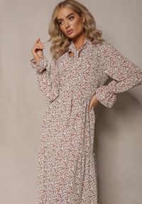 Renee - Brązowo-Biała Sukienka Pherone. Kolor: biały. Materiał: zamsz. Wzór: aplikacja, kwiaty. Styl: elegancki. Długość: maxi #5