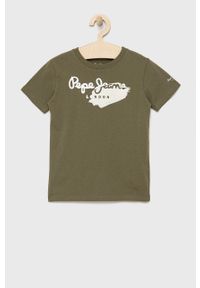 Pepe Jeans t-shirt bawełniany dziecięcy kolor zielony z nadrukiem. Okazja: na co dzień. Kolor: zielony. Materiał: bawełna. Wzór: nadruk. Styl: casual #1